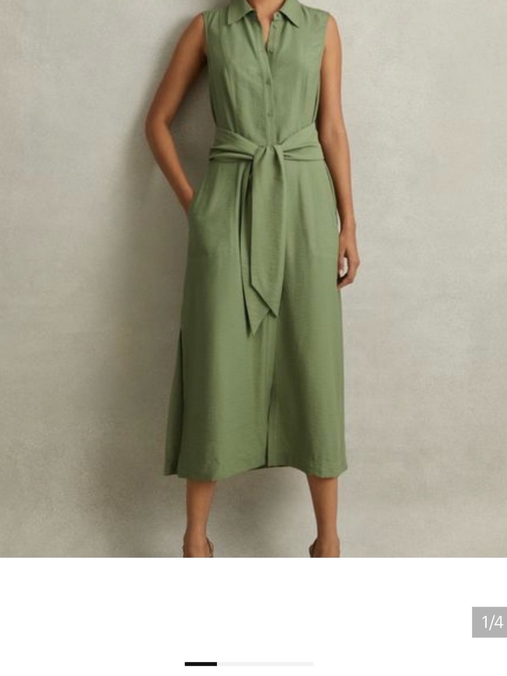 Reiss Olive Green Sleeveless Collared Tie-Waist Midi Dress